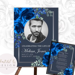Blue Roses Silver Writing Funeral Welcome Sign Template and Keepsake, In Loving Memory, Celebration of Life, Funeral Decor 0052