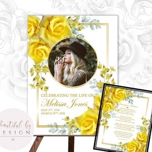 Plantilla y recuerdo de signo de bienvenida funeraria, flor amarilla, en memoria amorosa, celebración de la vida, decoración funeraria 0054