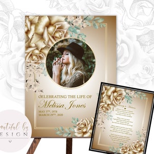 Funeral Welcome Sign Template and Keepsake, Gold Flowers, Frames, In Loving Memory, Celebration of Life, Funeral Decor 0059