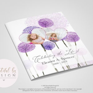 May include: A white booklet with a purple floral design and two photos of a young girl. The text "Celebrating the Life of Eleanor A. Spencer 2000-2019" is printed on the front cover.