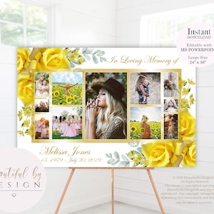 Plantilla de collage de fotos conmemorativas de flores amarillas, cartel conmemorativo grande, cartel funerario, cartel de celebración de la vida, cartel de bienvenida funeraria 0054