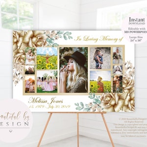 Gold Roses Memorial Photo Collage Template, Large Memorial Sign, Funeral Poster, Celebration of Life Poster, Funeral Welcome Sign 0059