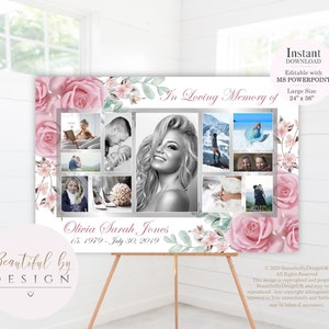 Pink Flower Memorial Photo Collage Template, Large Memorial Sign, Funeral Poster, Celebration of Life Poster, Funeral Welcome Sign 0053