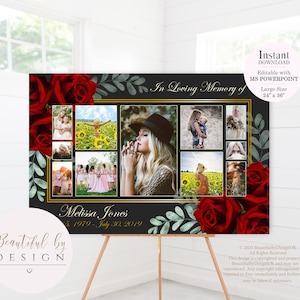 Red Gold Memorial Photo Collage Template, Large Memorial Sign, Funeral Poster, Celebration of Life Poster, Funeral Welcome Sign 0048