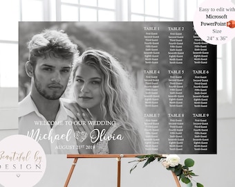 Modelo de gráfico de assentos de casamento com foto editável com PowerPoint, placa de boas-vindas para casamento, atribuição de mesa, designs de casamento, faça você mesmo para casamento