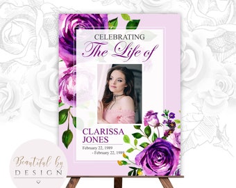 Purple Flowers Funeral Welcome Sign Template, In Loving Memory, Celebration of Life Decoration, Funeral Sign, Memorial Sign Decor 0021