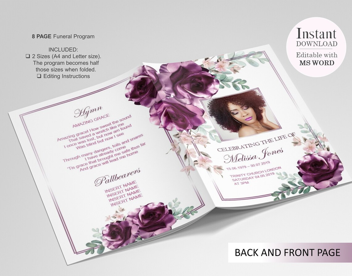 8 Page Purple Flowers Funeral Program Template Celebration of Etsy
