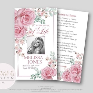 Roze bloemen begrafenis gebed kaart/bladwijzer met foto, in liefdevolle herinnering, sympathie gebed kaart kaart, Memorial DIY, begrafenis decor ideeën 0053