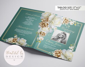BI-FOLD White and Gold Flowers Funeral Program Template, Celebration of Life, Obituary Template, Memorial Program, Editable Template 0080