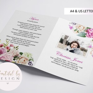May include: A folded memorial card with a floral design and the text "Hymn" and "Amazing grace". The card includes a photo of a woman, the name "Clarissa Jones", and service details. The card is A4 & US Letter size.