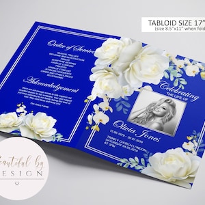 BI-FOLD White Flowers Royal Blue Background Funeral Program Template, Celebration of Life, Obituary Template, Memorial Program 0089