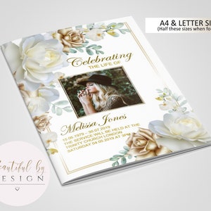 8 Page Gold and White Rose Funeral Program Template, Celebration of Life, Obituary Template, Memorial Program, Editable Template 0063