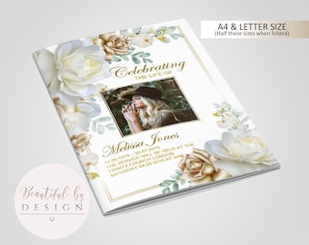 8 Page Gold and White Rose Funeral Program Template, Celebration of Life, Obituary Template, Memorial Program, Editable Template 0063