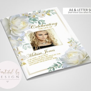 8 Page White Roses Funeral Program Template, Celebration of Life, Obituary Template, Memorial Program, Editable Template 0064