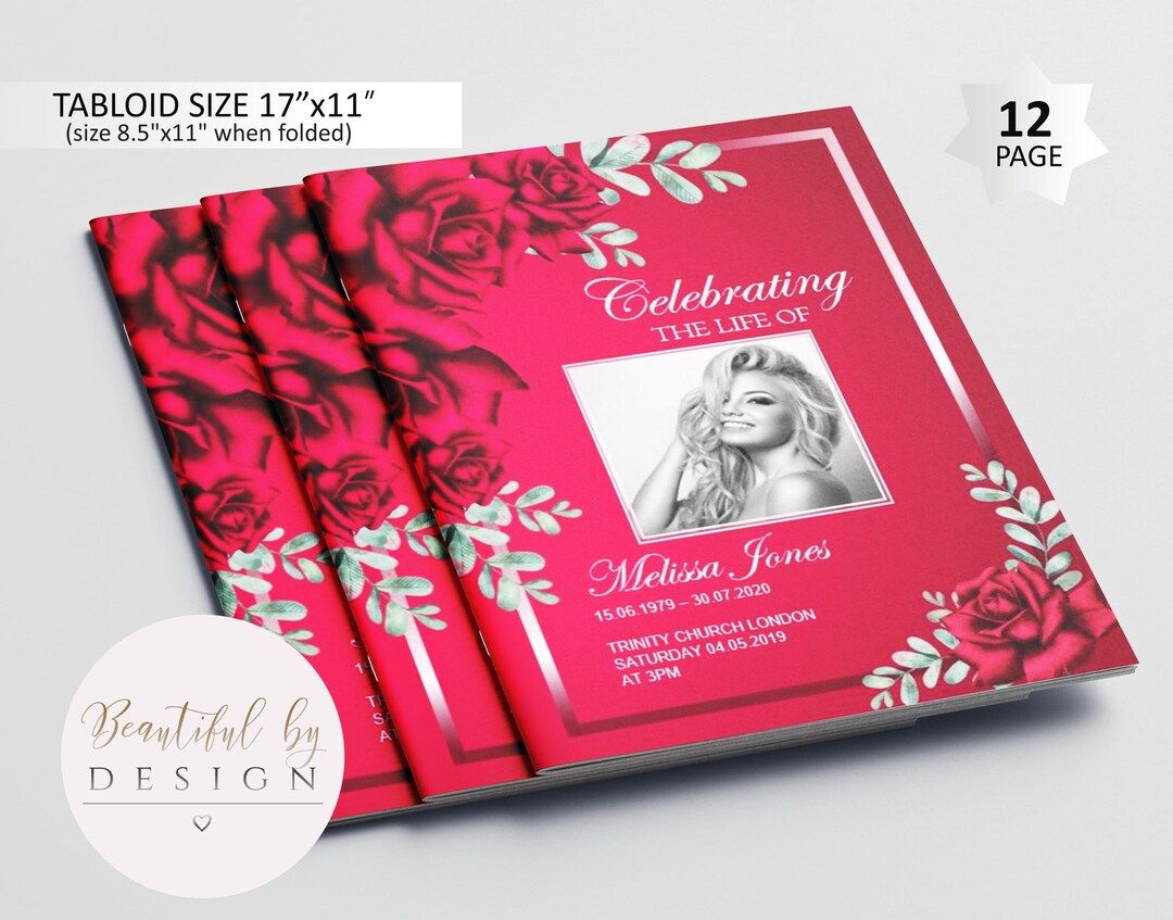 12 Page Red Roses Funeral Program Template, Celebration of Life ...