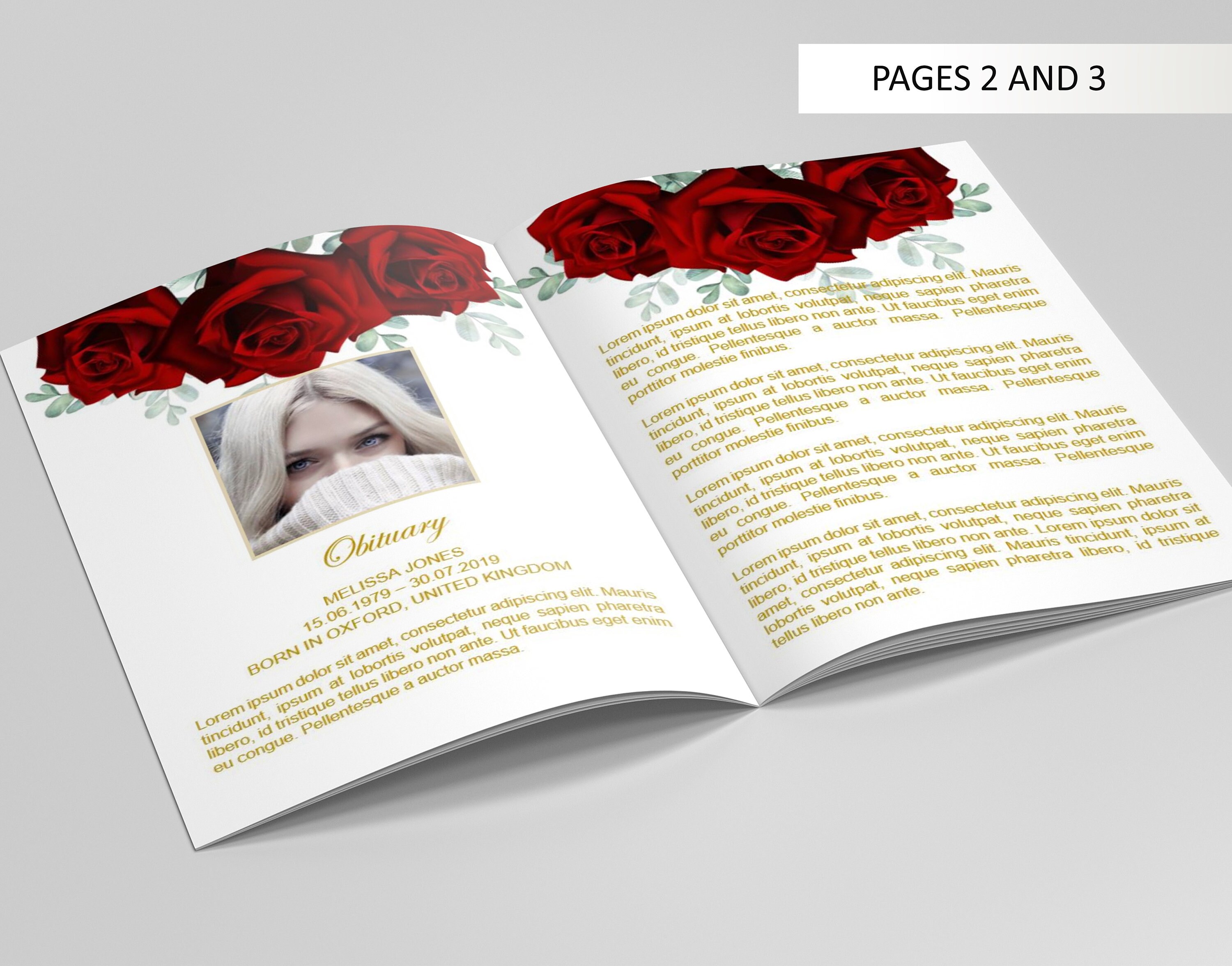 8 Page Red Roses Funeral Program Template, Celebration of Life ...