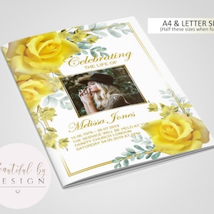 8 Page Yellow Flower Funeral Program Template, Celebration of Life, Obituary Template, Memorial Program, Editable Template 0054