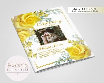 8 Page Yellow Flower Funeral Program Template, Celebration of Life, Obituary Template, Memorial Program, Editable Template 0054