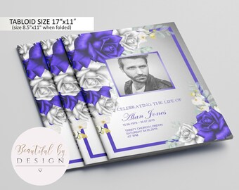 8 Page Silver and Blue Roses Funeral Program Template in Tabloid size 11"x17", Celebration of Life, Memorial Program, Editable Template 0101