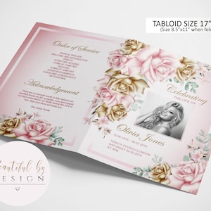 4 Page Gold and Rose Gold Funeral Program Template, Celebration of Life, Obituary Template, Memorial Program, Editable Template 0099
