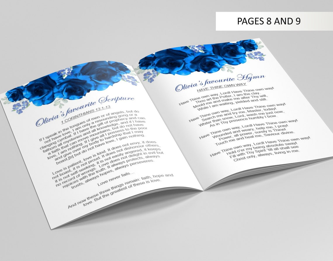 12 Page Blue Flower Funeral Program Template Celebration of Etsy