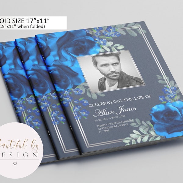 8 Page Blue Flowers Funeral Program Template in Tabloid size 11"x17", Celebration of Life, Memorial Program, Editable Template 0052
