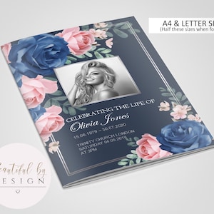 8 Page Blue and Pink Flowers Funeral Program Template, Celebration of Life, Obituary Template, Memorial Program 0077