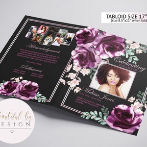 BI-FOLD Purple Black Flowers Funeral Program Template, Celebration of Life, Obituary Template, Memorial Program, Editable Template 0050