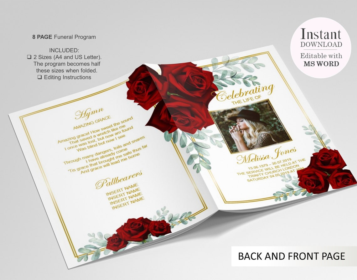 8 Page Red Roses Funeral Program Template Celebration of | Etsy