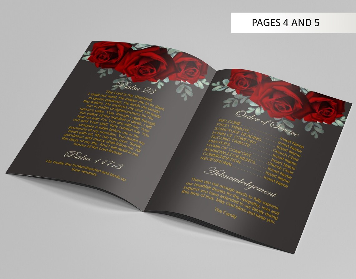 8 Page Red Gold Funeral Program Template Celebration of Life - Etsy