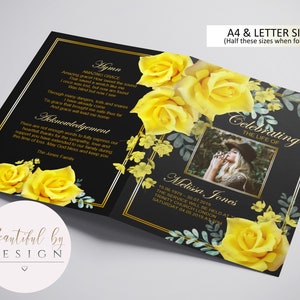 4 Page Yellow Rose Gold Writing Funeral Program Template, Celebration of Life, Obituary Template, Memorial Program, Editable Template 0057