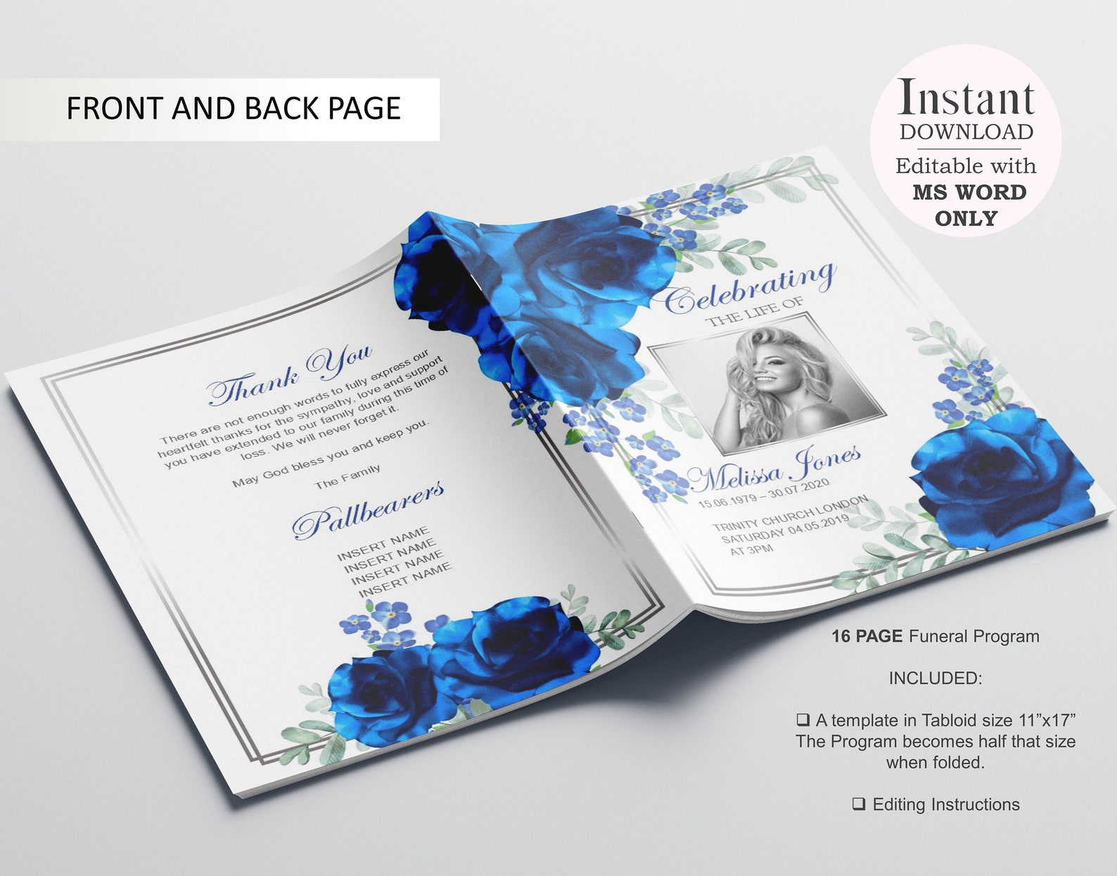 16 Page Blue Flower Funeral Program Template, Celebration of Life
