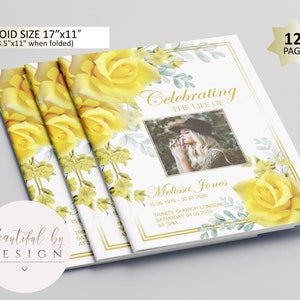 12 Page Yellow Flowers Funeral Program Template, Celebration of Life, Obituary Template, Memorial Program, Editable Template 0054
