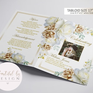 4 Page Gold and White Roses Funeral Program Template, Celebration of Life, Obituary Template, Memorial Program, Editable Template 0063