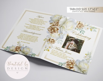 4 Page Gold and White Roses Funeral Program Template, Celebration of Life, Obituary Template, Memorial Program, Editable Template 0063