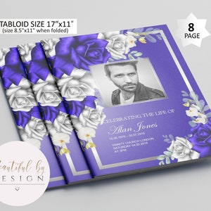 8 Page Blue and Silver Flowers Background Funeral Program Template, Celebration of Life, Obituary Template, Memorial Program 0095