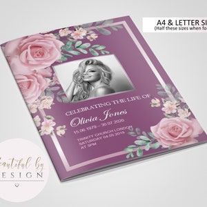 May include: A folded memorial program with a purple background, featuring a photo of a woman and floral accents. Text includes "Celebrating the Life of Olivia Jones" and event details. The program is A4 & Letter size.