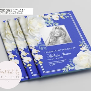 8 Page White Flowers Royal Blue Background Funeral Program Template in Tabloid size 11&quot;x17&quot;, Celebration of Life, Memorial Program 0089