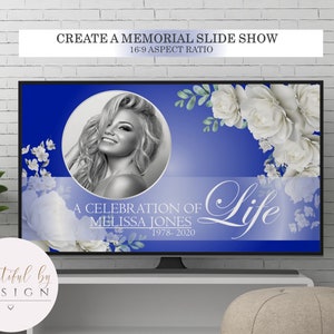 White Roses Royal Blue Background PowerPoint Presentation Template, Funeral Slide Show Template, Funeral Template, In Loving Memory 0089