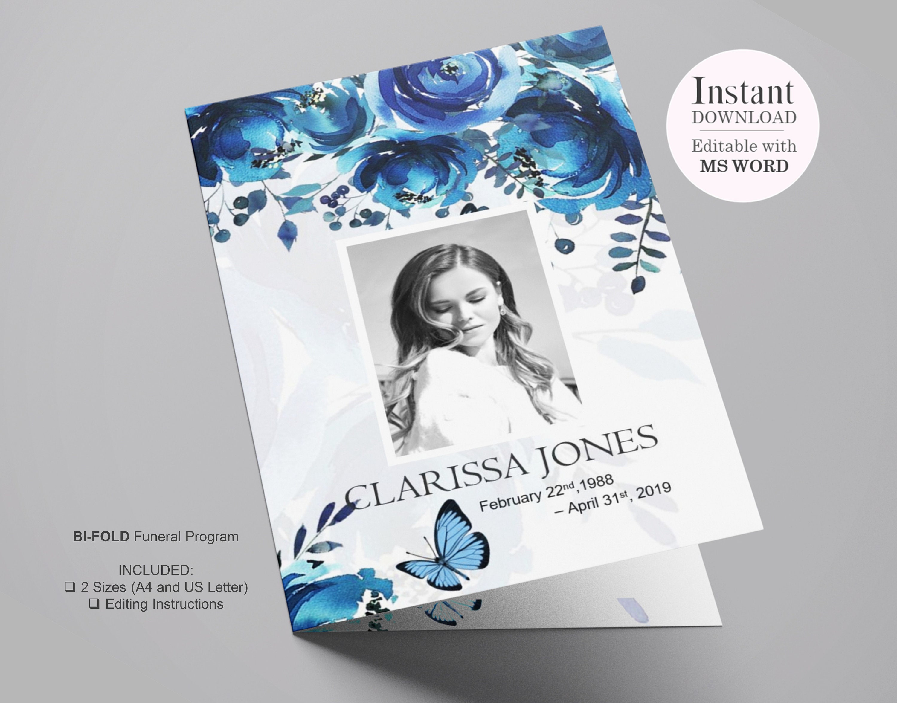 4 Page Blue Flowers Funeral Program Template Celebration of Etsy