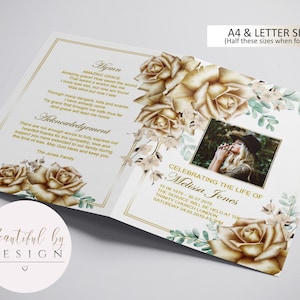 4 Page Gold Flowers Funeral Program Template, Celebration of Life, Obituary Template, Memorial Program, Editable Template 0059