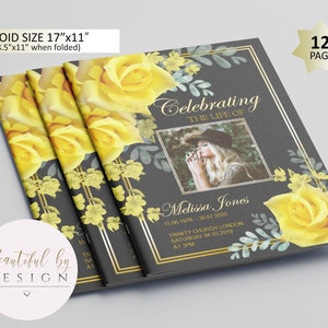 12 Page Yellow Flowers Funeral Program Template, Celebration of Life, Obituary Template, Memorial Program, Editable Template 0057