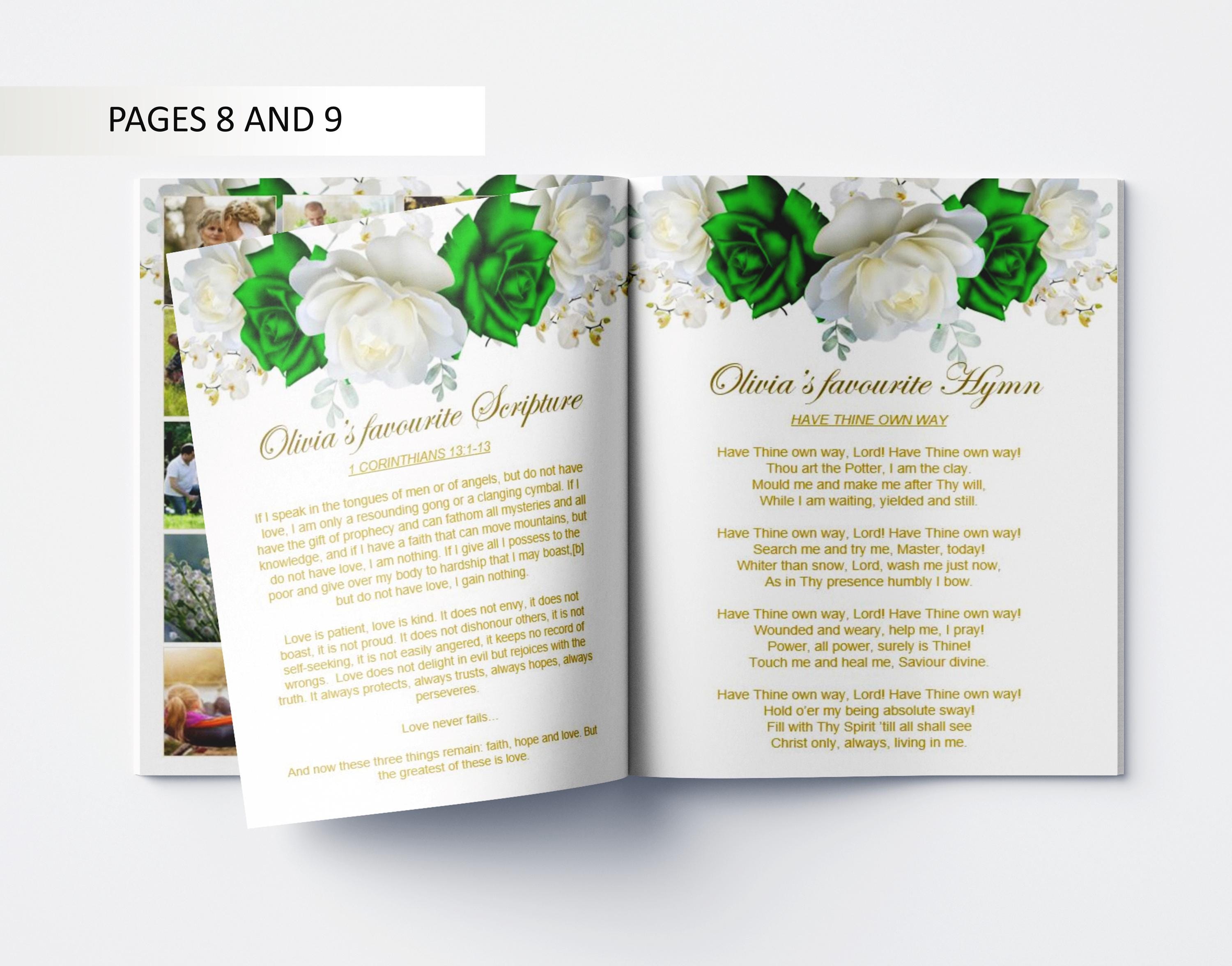 12 Page Green and White Roses Funeral Program Template, Celebration of ...