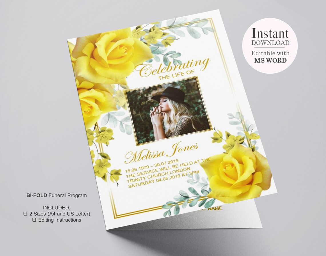 4 Page Yellow Flower Funeral Program Template Celebration of Etsy