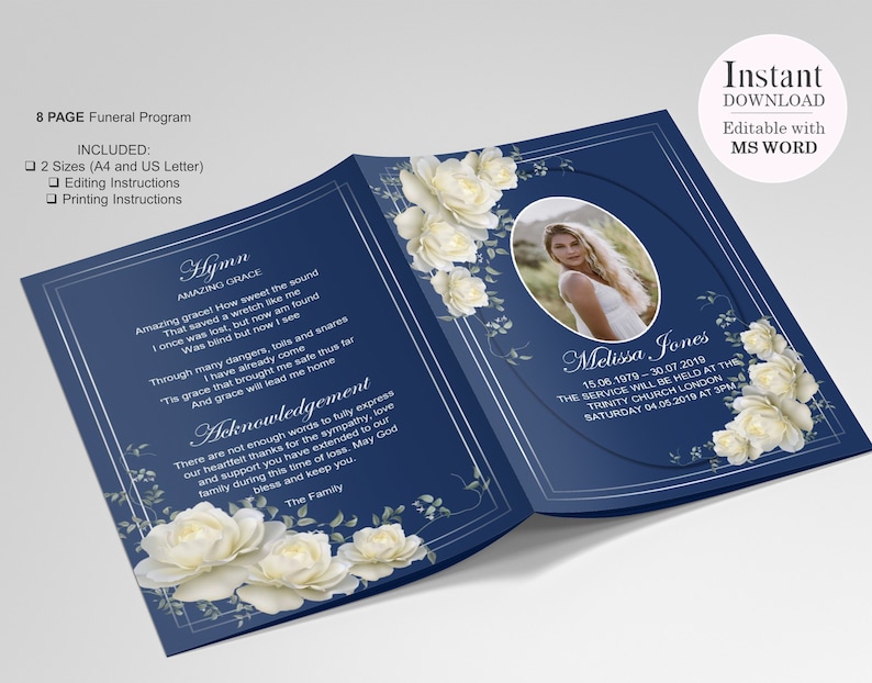 8 Page Elegant Navy Funeral Program Template Celebration of Etsy