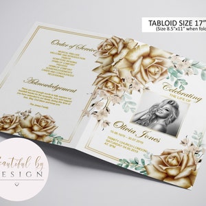 BI-FOLD Gold Funeral Program Template, Celebration of Life, Obituary Template, Memorial Program, Editable Template 0059