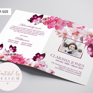 May include: A white folded funeral order of service with a pink and white orchid floral design and a photo of a woman. The text reads "Clarissa Jones, January 1988 - March 2021. The service will be held at the Trinity Church London, Saturday 04.05.2019 at 3PM."