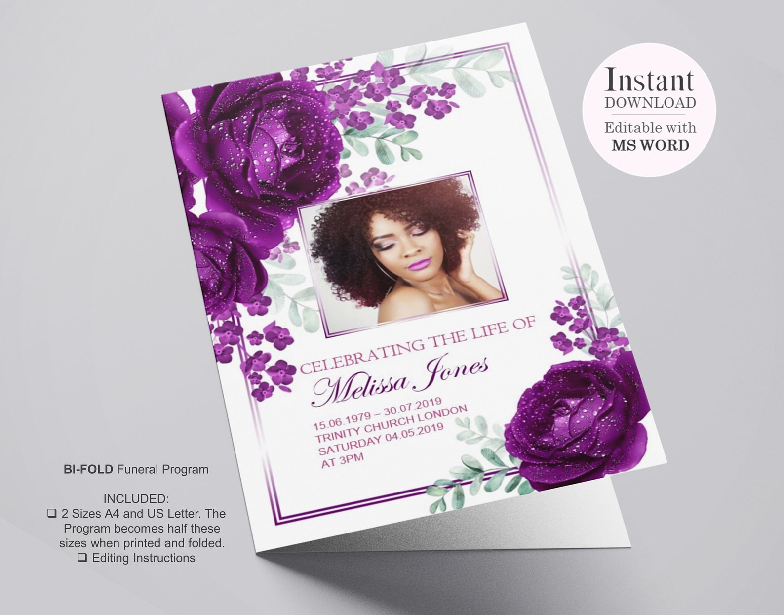 4 Page Purple Roses Funeral Program Template Celebration of - Etsy