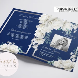 BI-FOLD White Roses Funeral Program Template, Celebration of Life, Obituary Template, Memorial Program, Editable Template, Royal Blue 0084