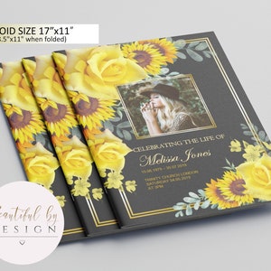 8 Page Yellow Flowers and Sunflowers Funeral Program Template in Tabloid size 11&quot;x17&quot;, Celebration of Life, Memorial Program 0086